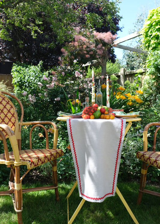 Oatmeal linen & red ric-rac table runner