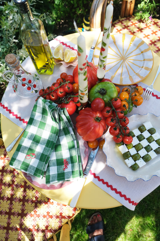Oatmeal linen & red ric-rac table runner
