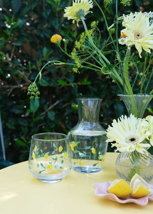 Ensemble carafe et verre à fleurs bleues et fraises