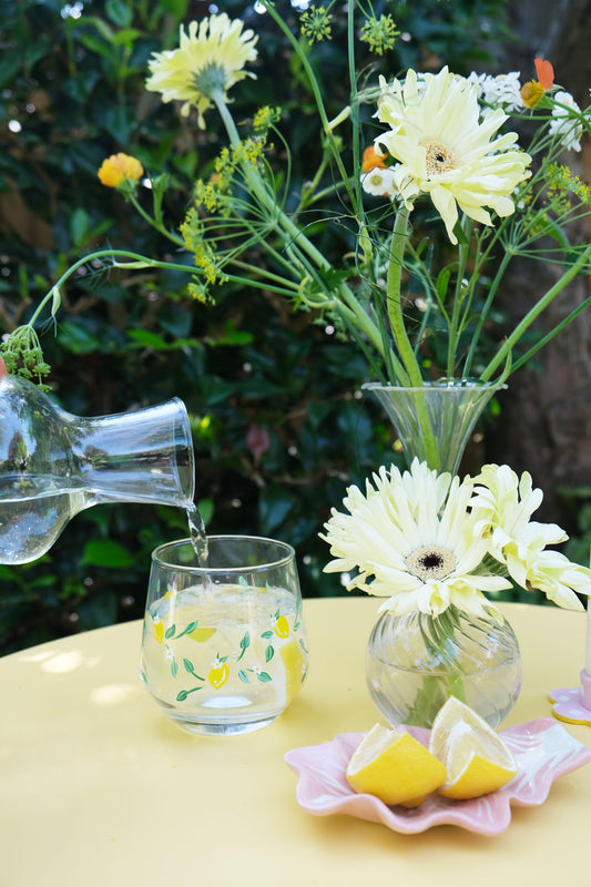 Ensemble carafe et verre à fleurs bleues et fraises