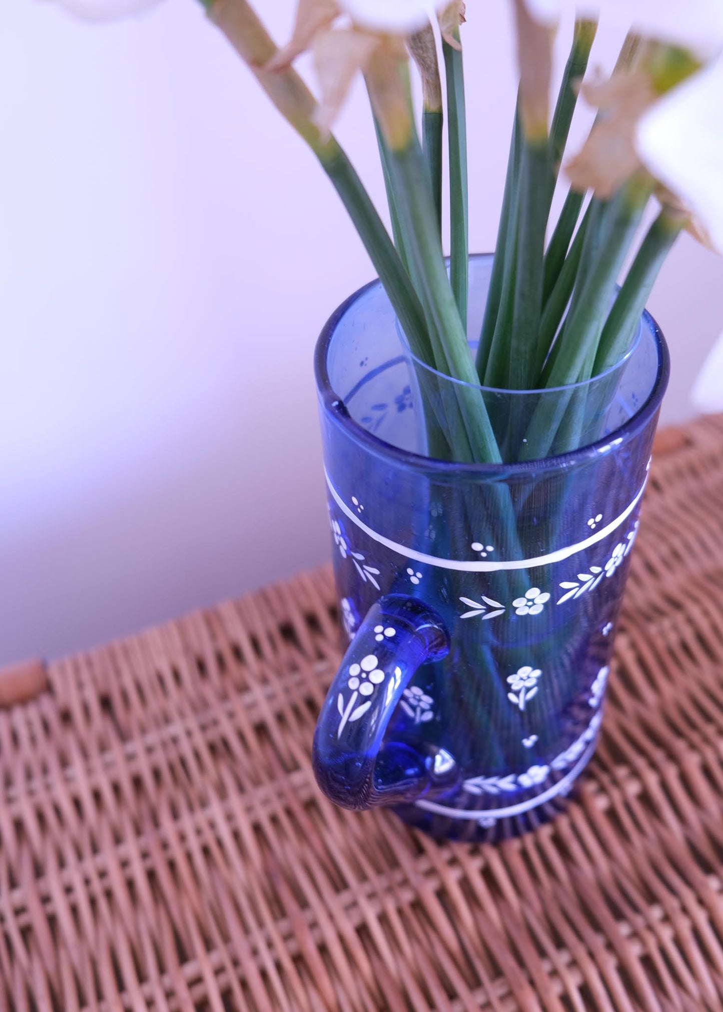 Ditsy floral blue recycled glass jug