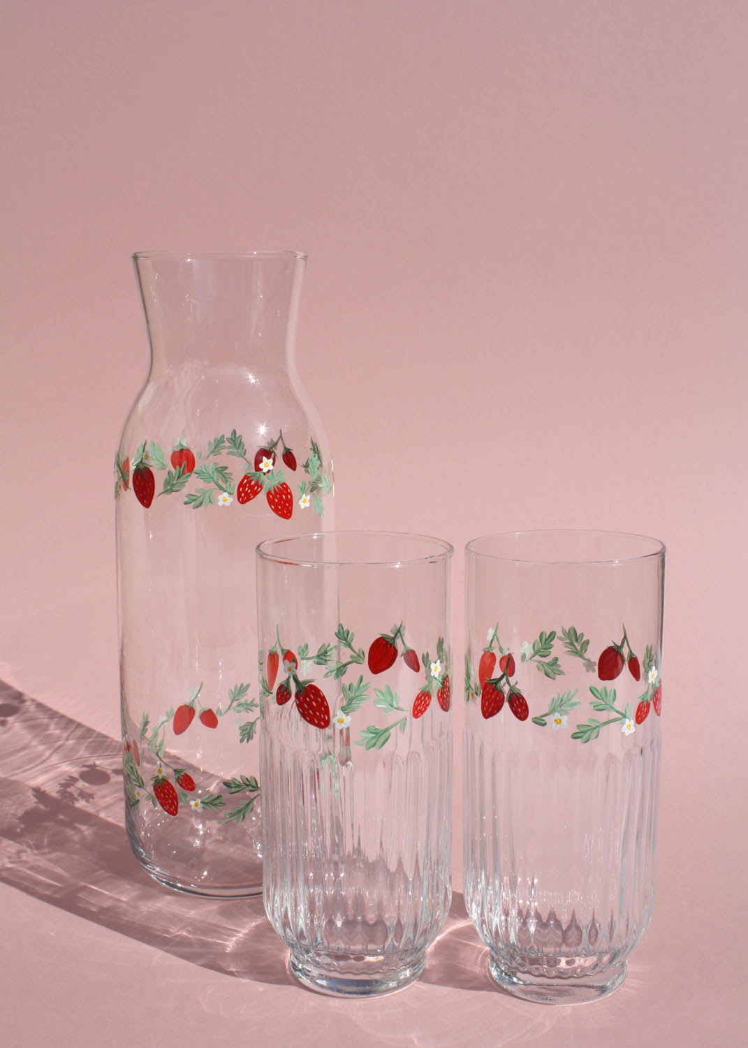 Strawberry ribbed highball glasses set of 2