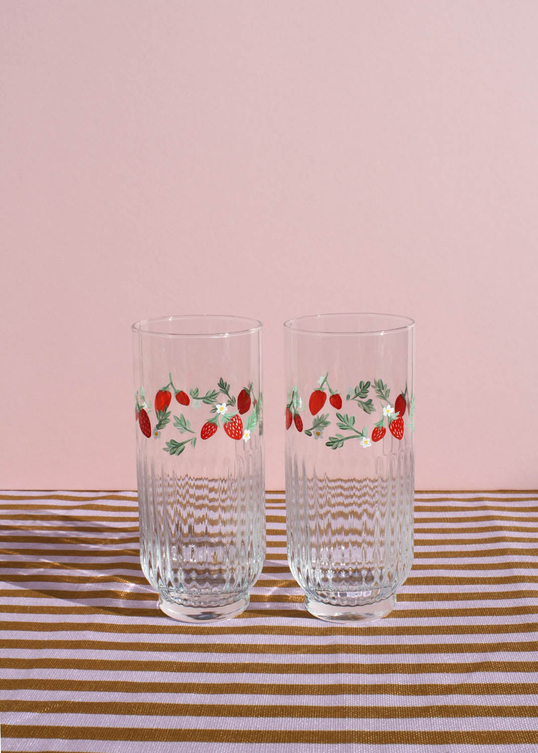 Strawberry ribbed highball glasses set of 2