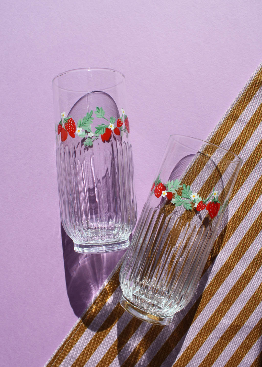 Strawberry ribbed highball glasses set of 2