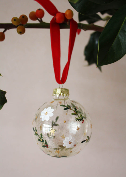 Festive floral glass bauble