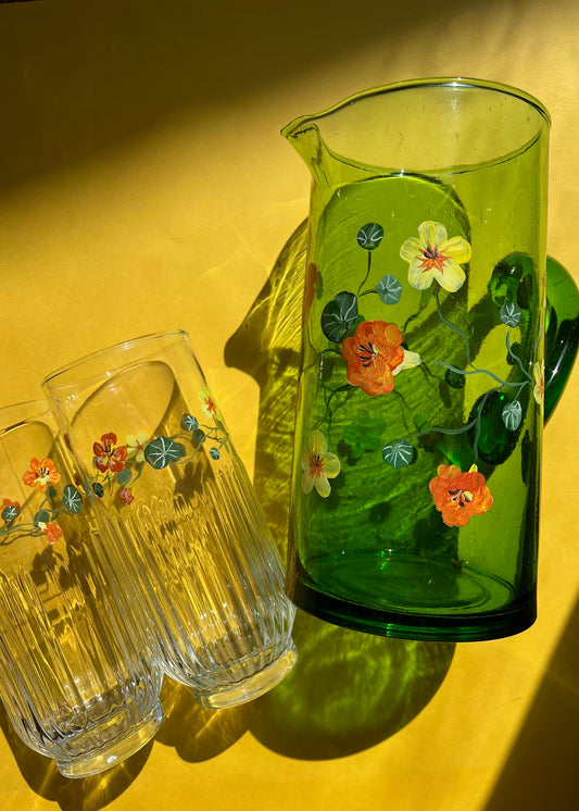 Pichet en verre recyclé Daisy & myosotis