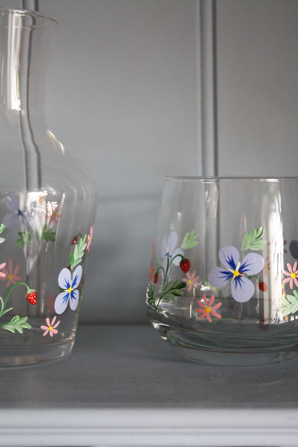 Blue floral & strawberry carafe & glass set