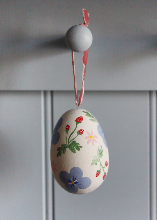 Blue floral & strawberry ceramic egg