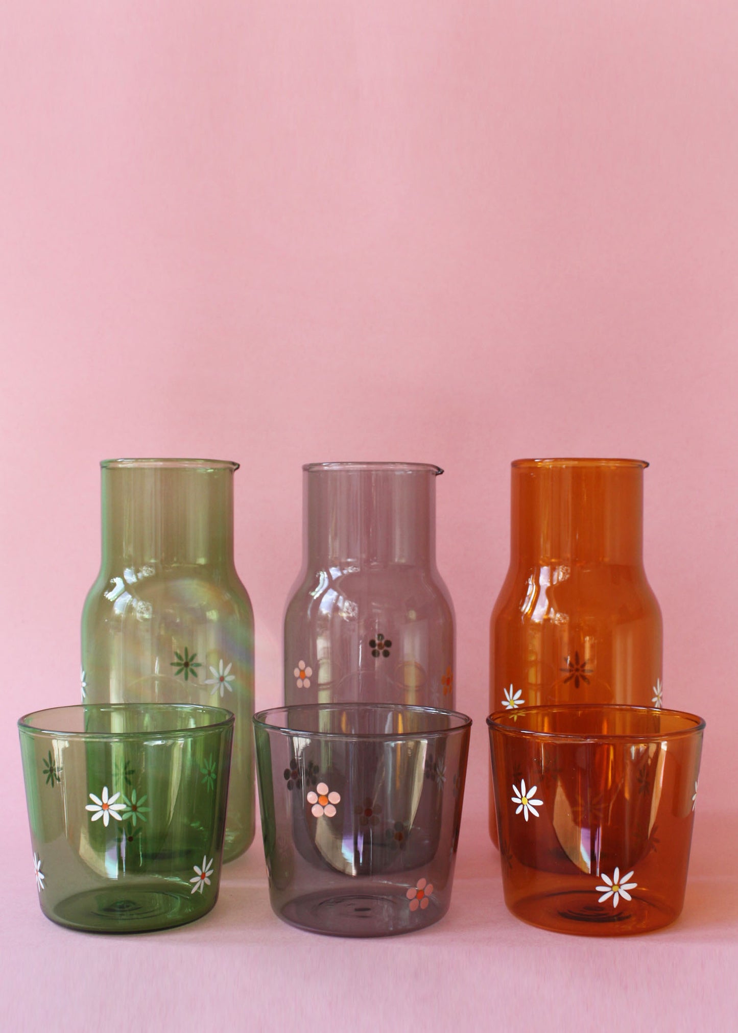 Ensemble carafe et verre à marguerite verte peints à la main