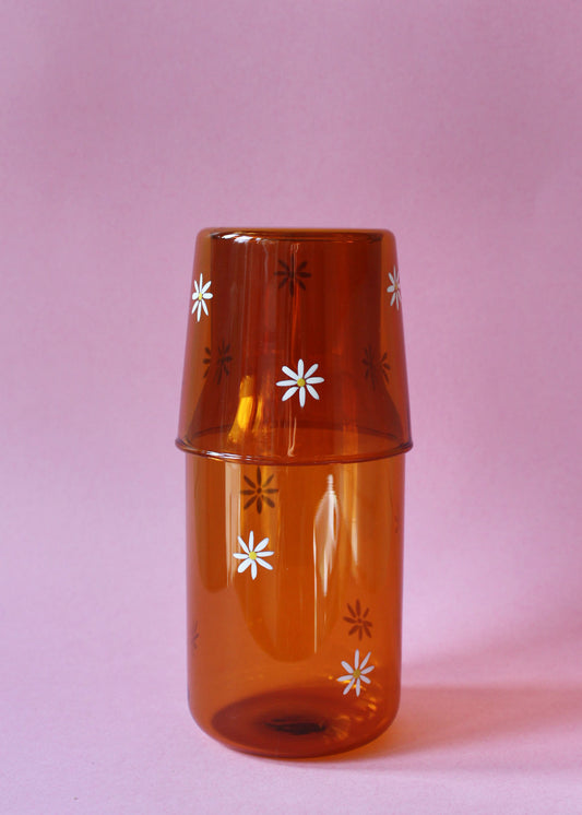 Hand painted amber daisy carafe & glass set