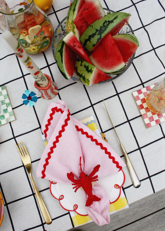 Linen pink & red ric-rac napkin set of 2