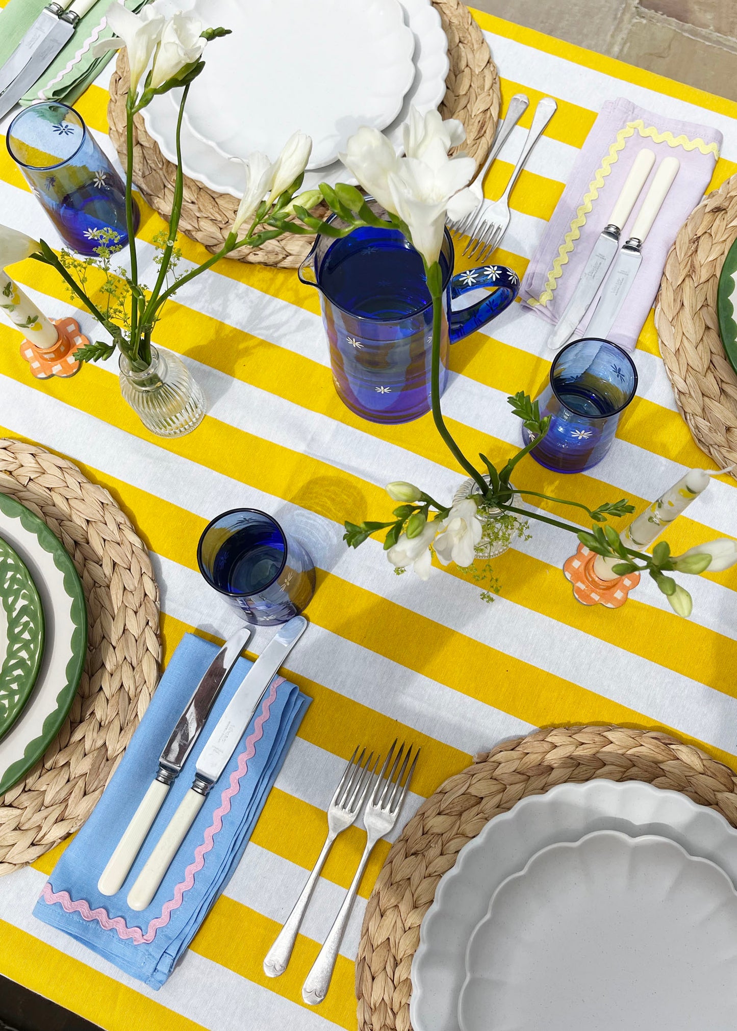 Lot de 2 serviettes ric-rac lin bleu & corail