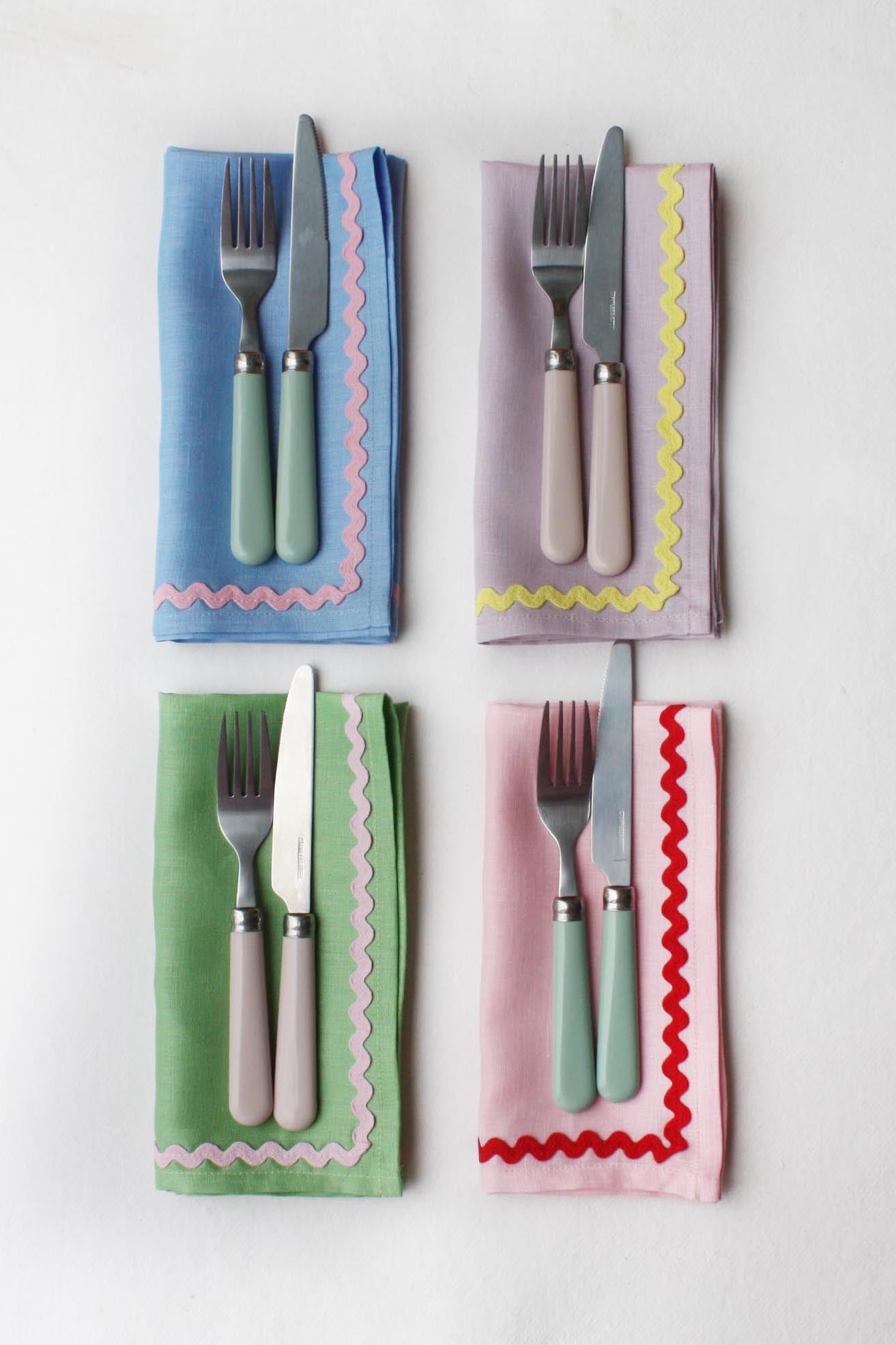 Lot de 2 serviettes ric-rac lin bleu & corail