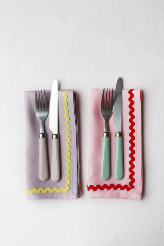 Lot de 2 serviettes ric-rac en lin rose et rouge