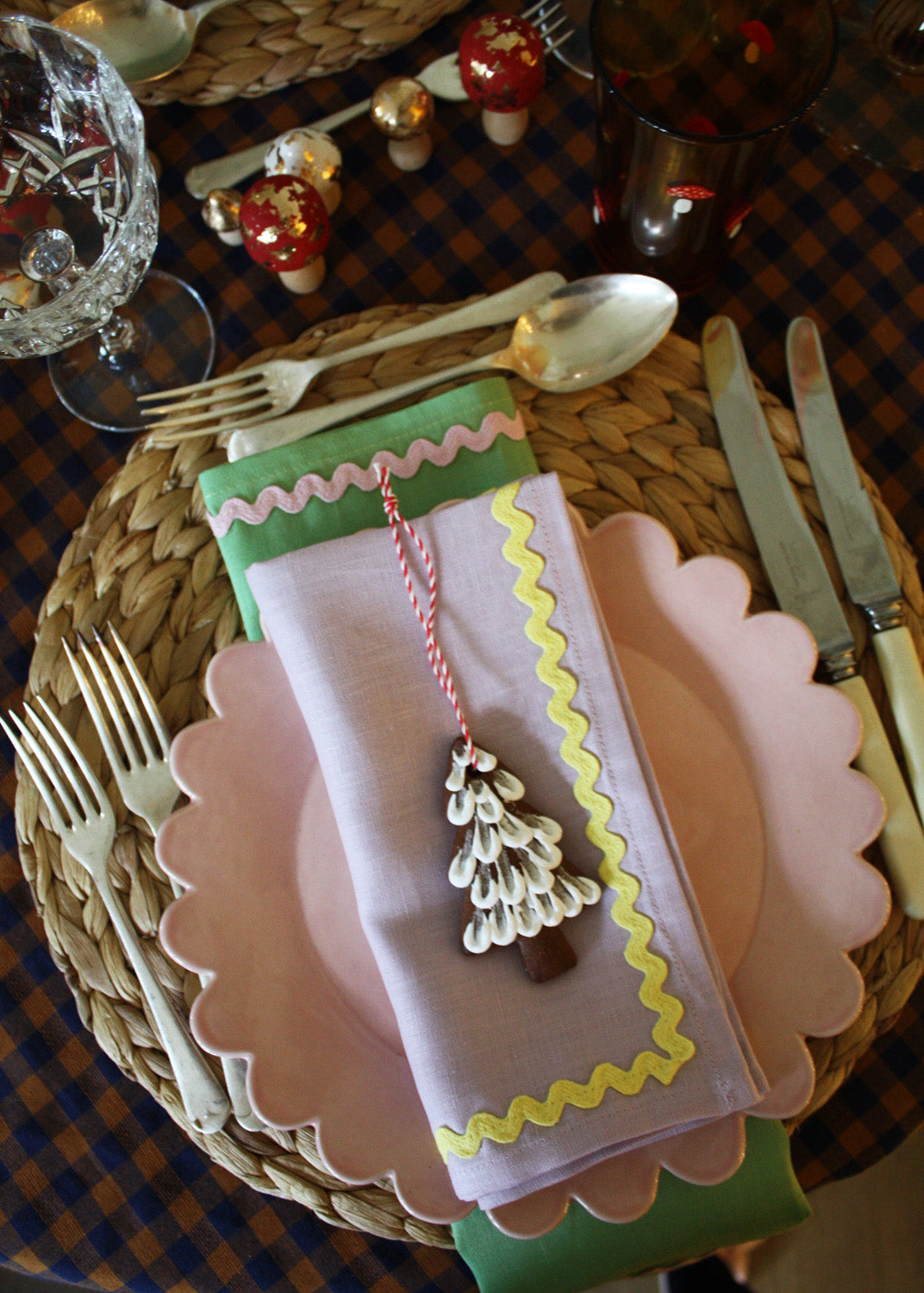 Lot de 2 serviettes ric-rac en lin lilas et jaune