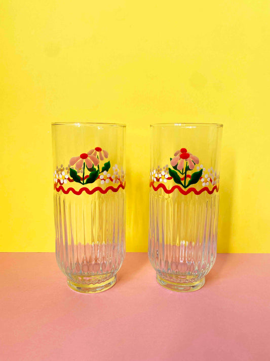 Daisy & ric-rac ribbed highball glasses set of 2