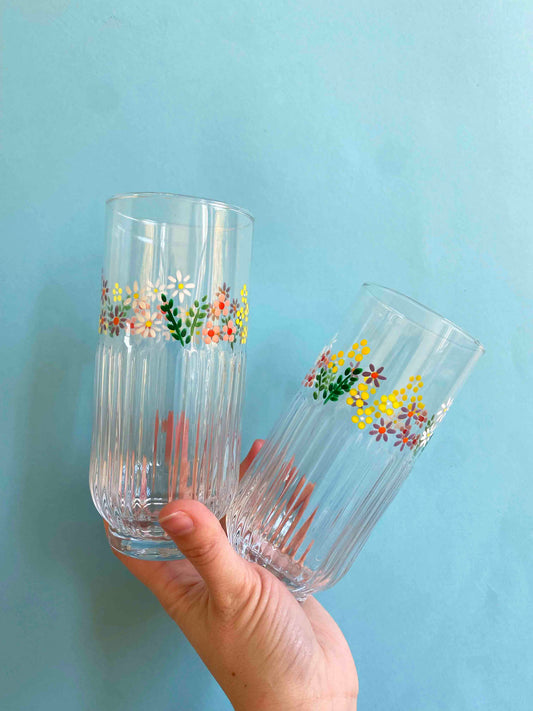 Wild flower ribbed highball glasses set of 2