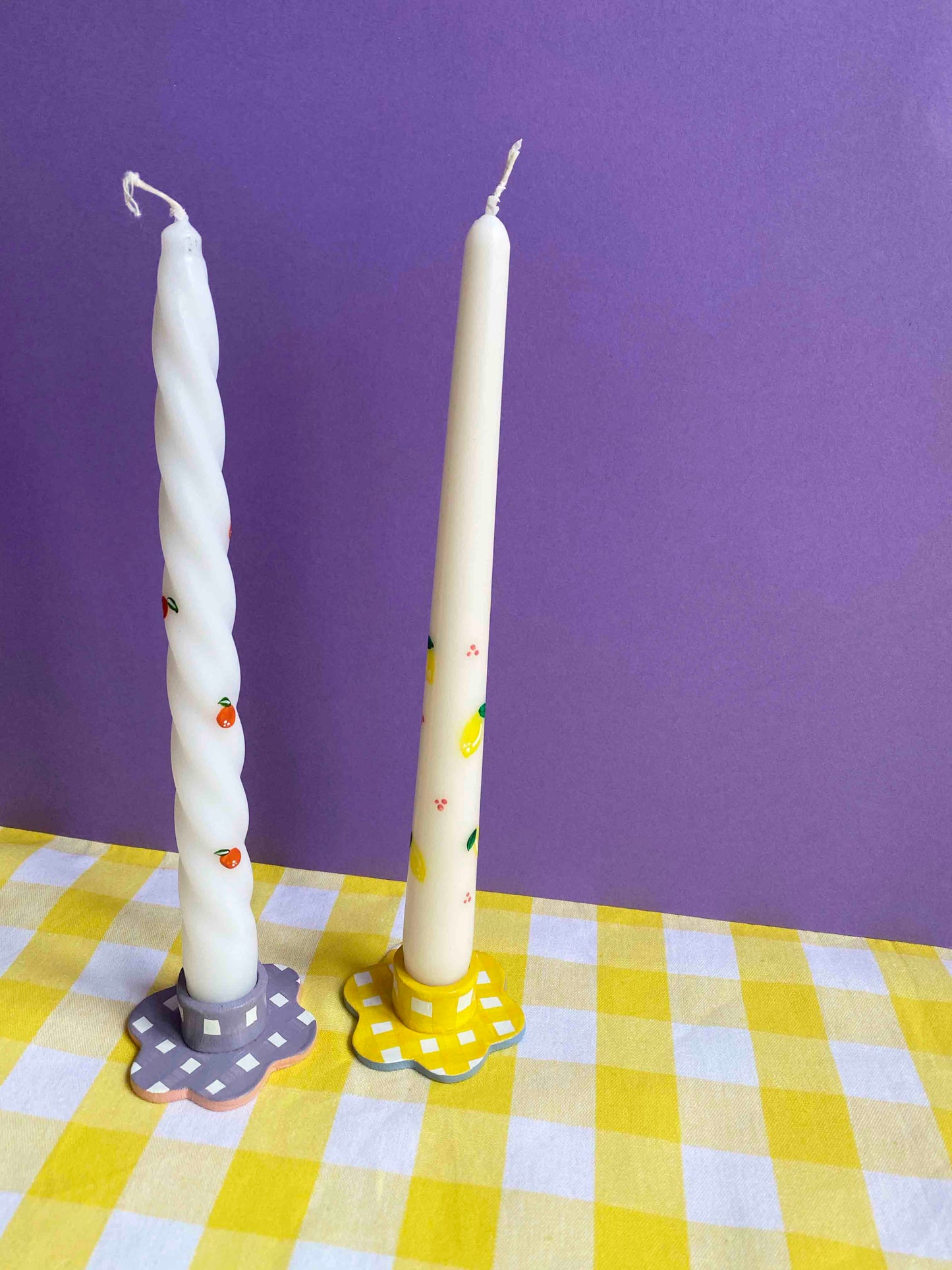 Yellow gingham & blue flower candle holder