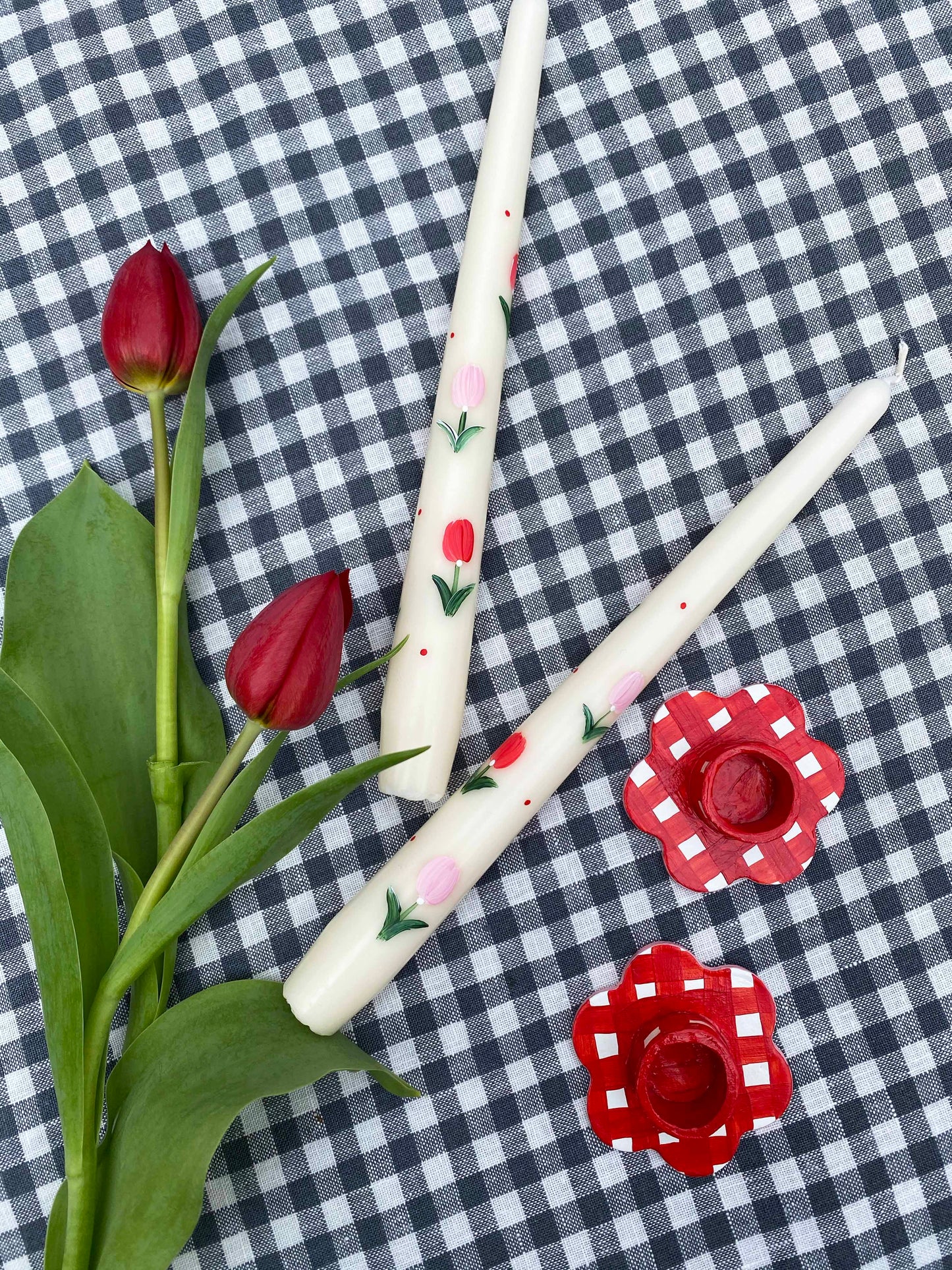 Red gingham & pink flower candle holder