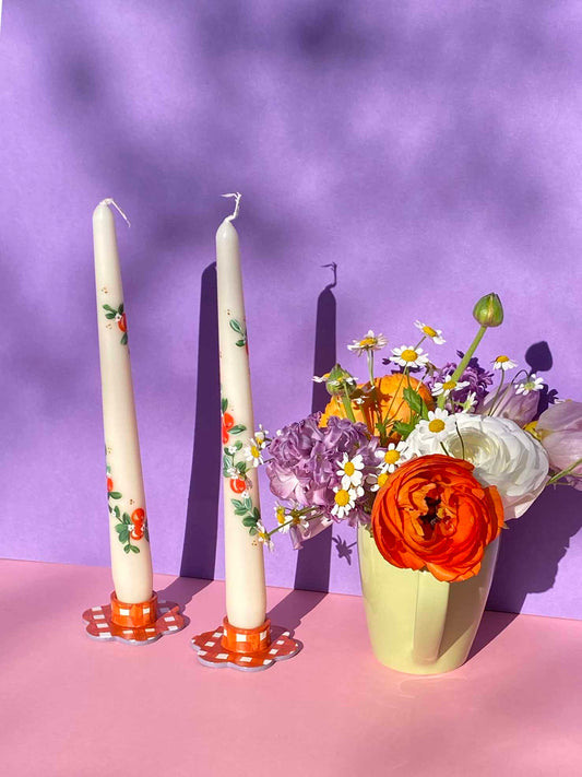 Orange gingham & lilac flower candle holder