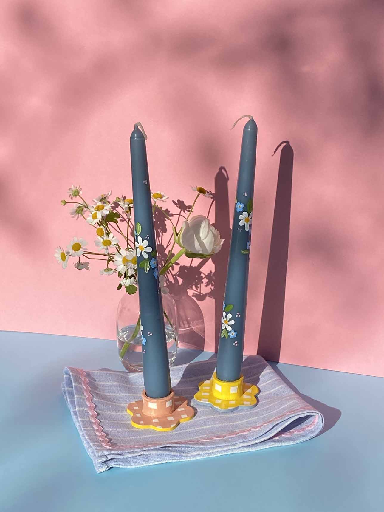 Yellow gingham & blue flower candle holder