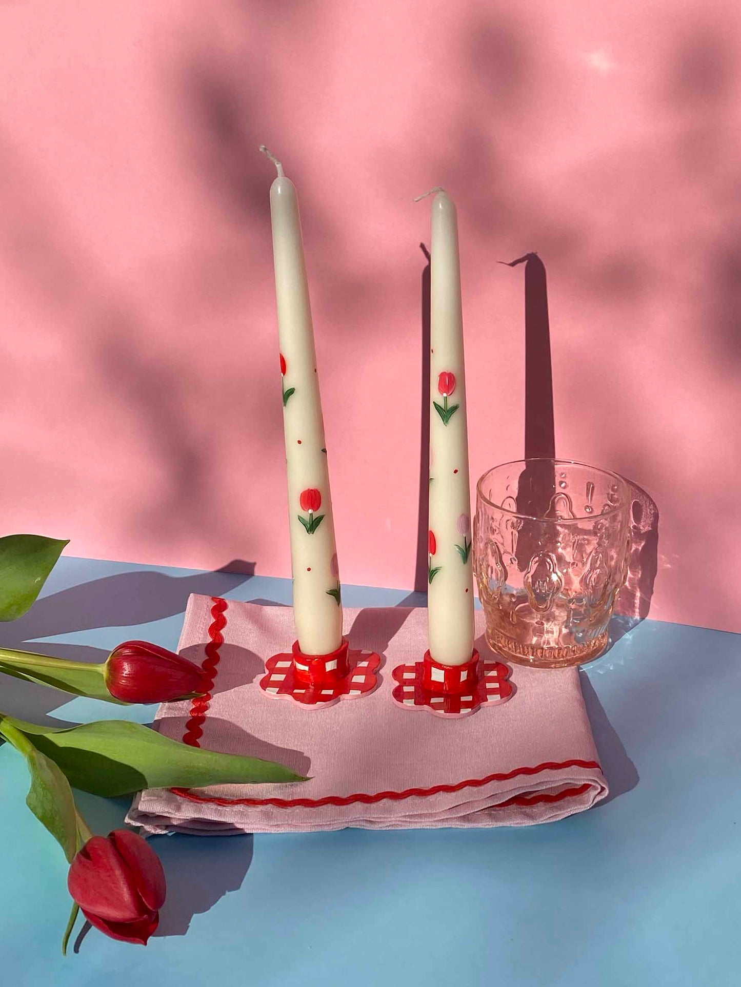 Red gingham & pink flower candle holder