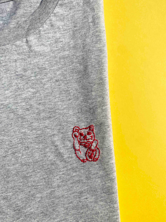 T-shirt chat porte-bonheur en coton bio gris