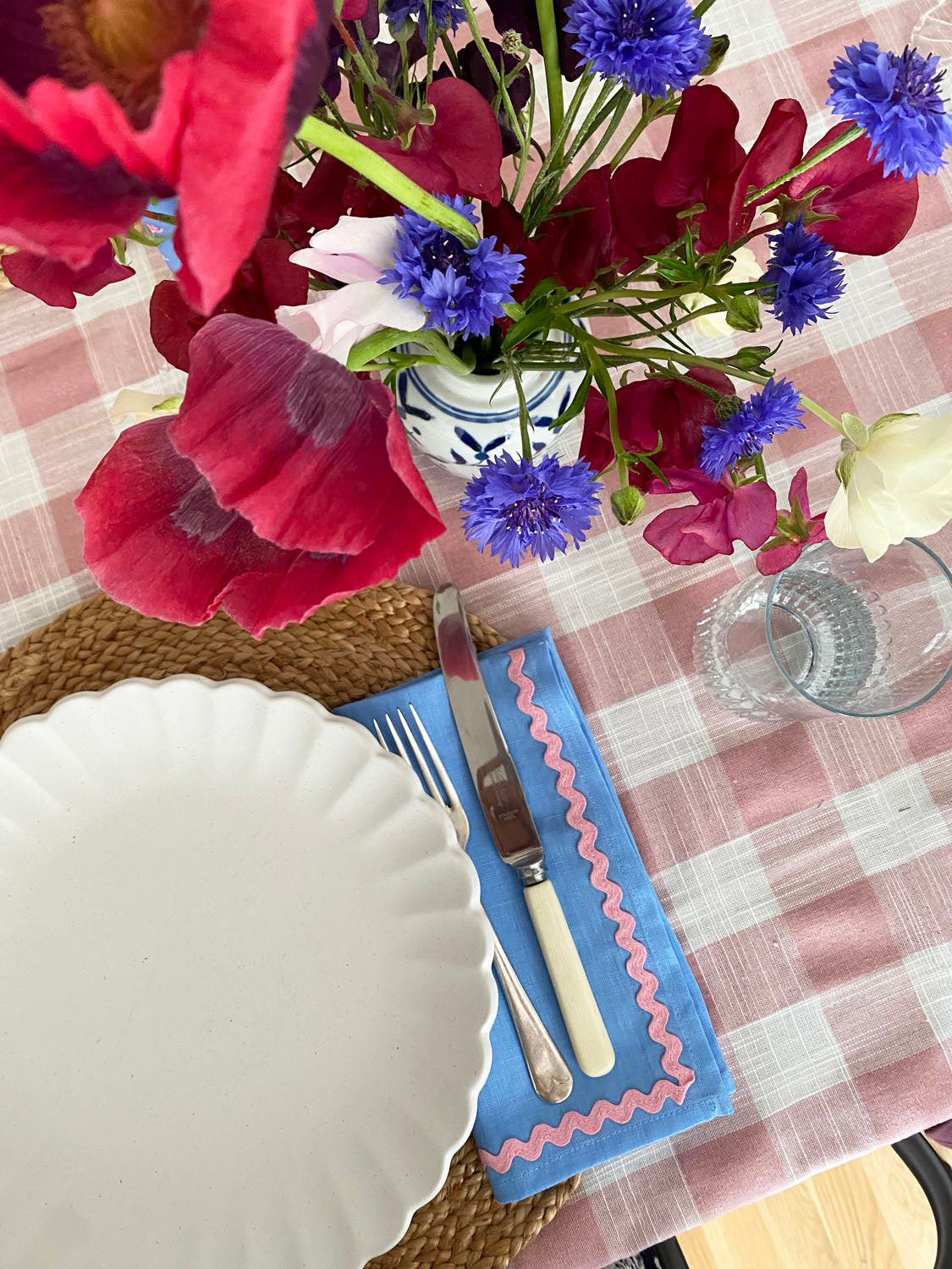 Lot de 2 serviettes ric-rac lin bleu & corail
