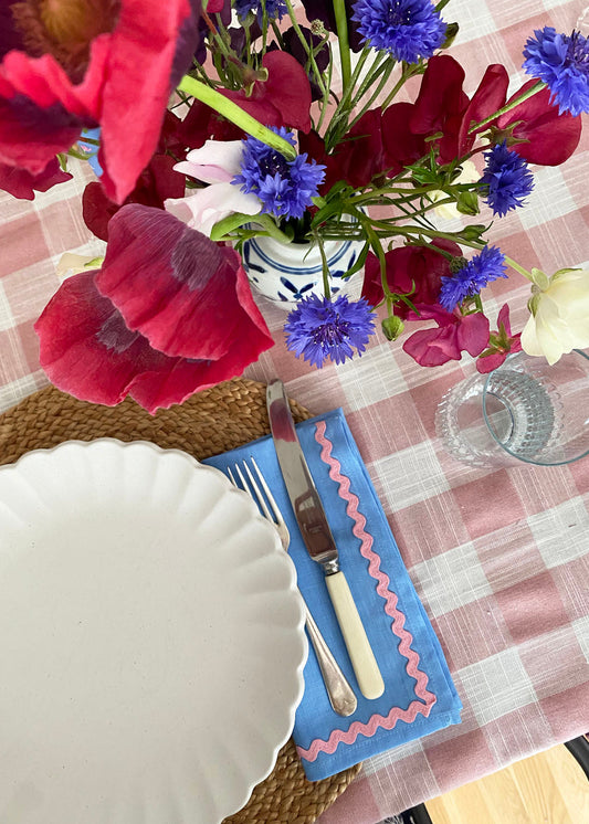 Linen blue & coral ric-rac napkin set of 2