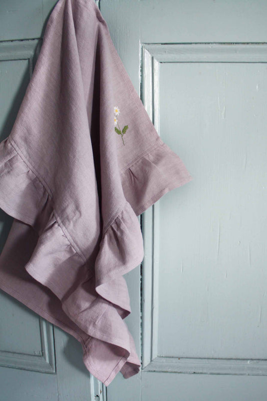 hand embroidered daisy linen ruffle tea towel
