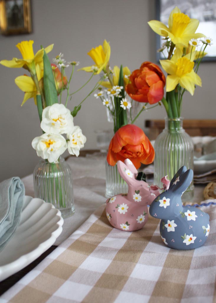 hand painted blush and blue ceramic bunny decoration