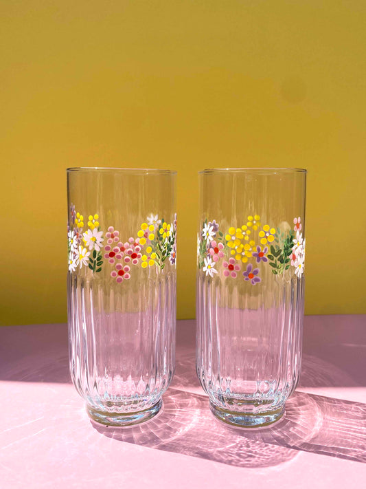 Wild flower ribbed highball glasses set of 2