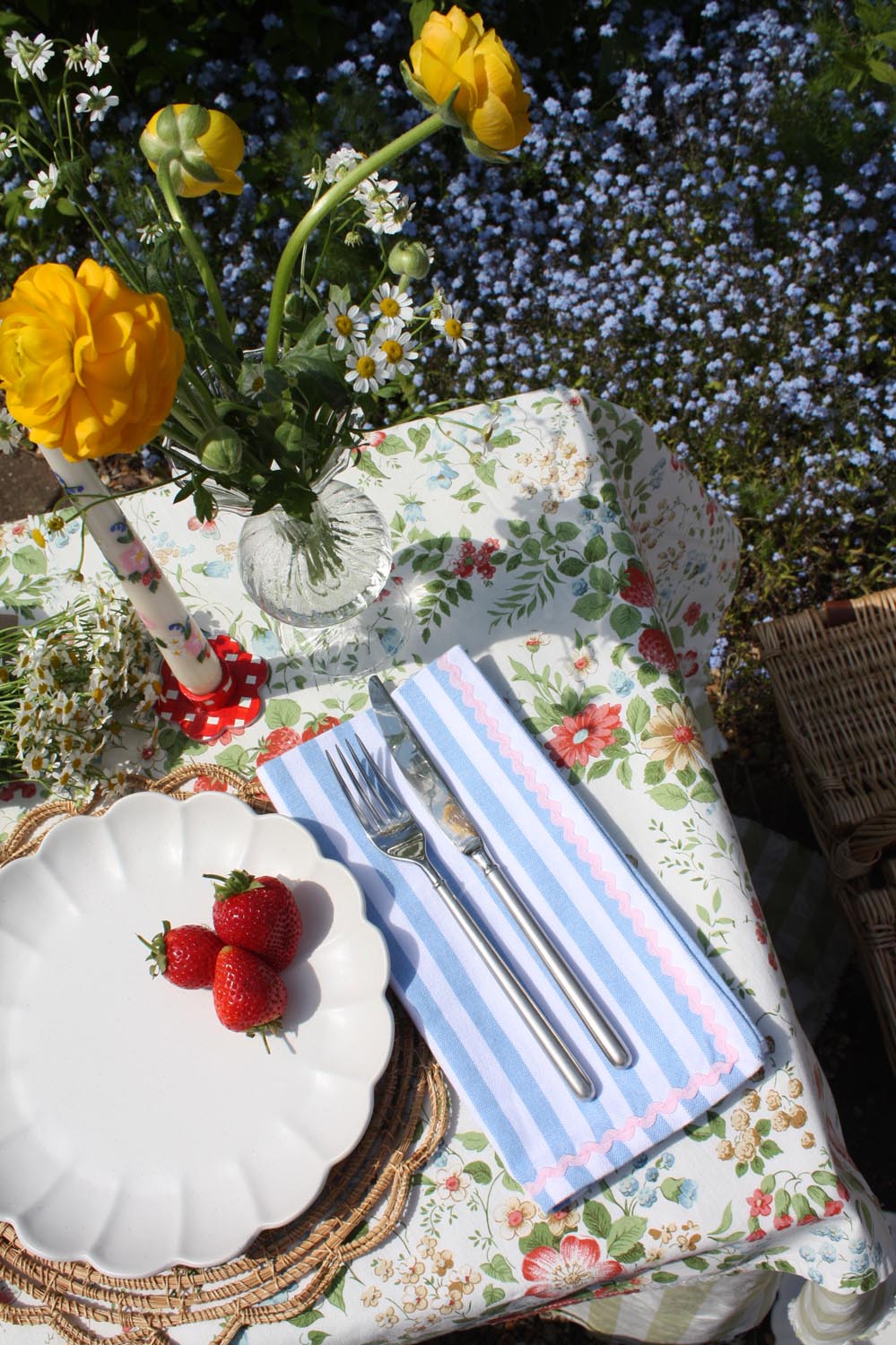 Blue stripe & pink ric-rac napkin set of 2