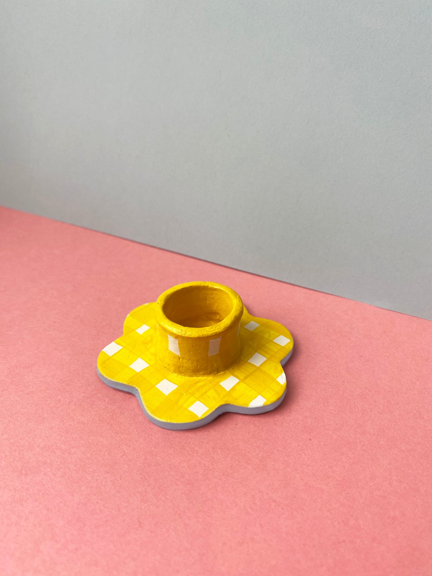 Yellow gingham & blue flower candle holder