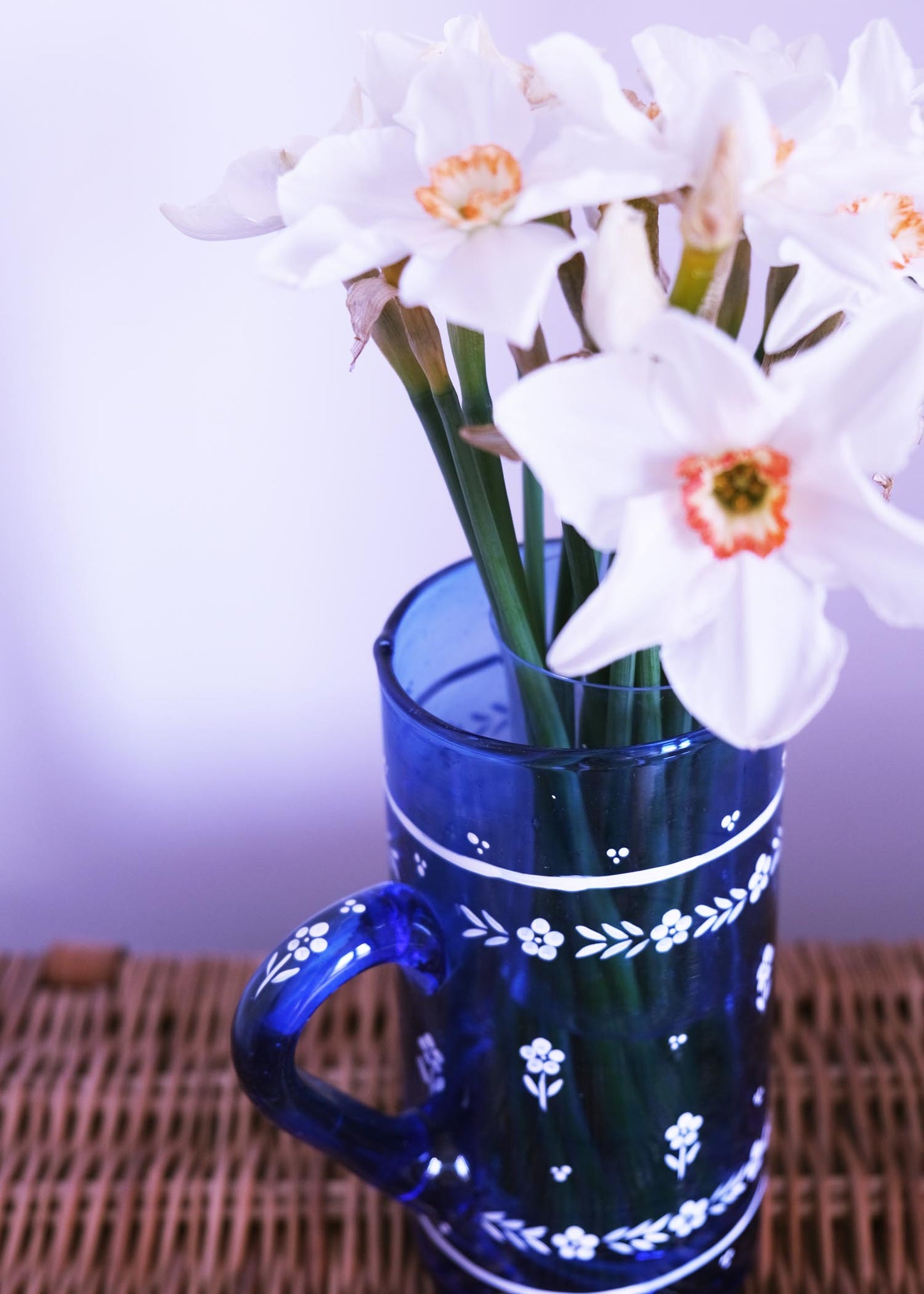 Ditsy floral blue recycled glass jug