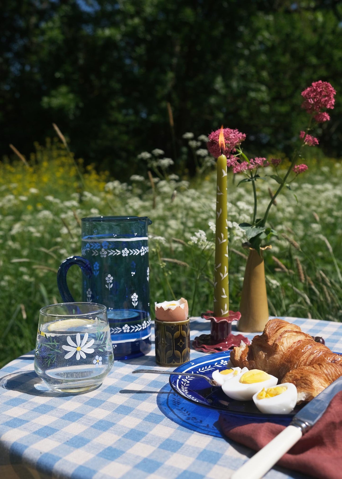 Ditsy floral blue recycled glass jug