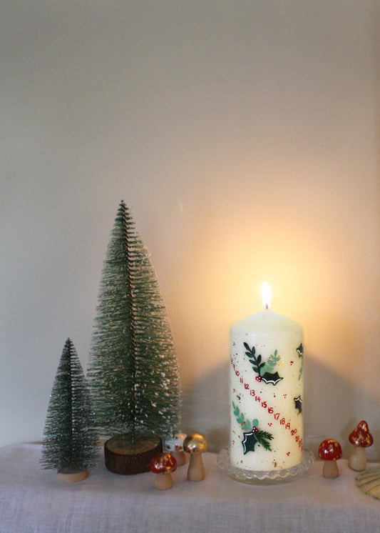 Holly advent pillar candle