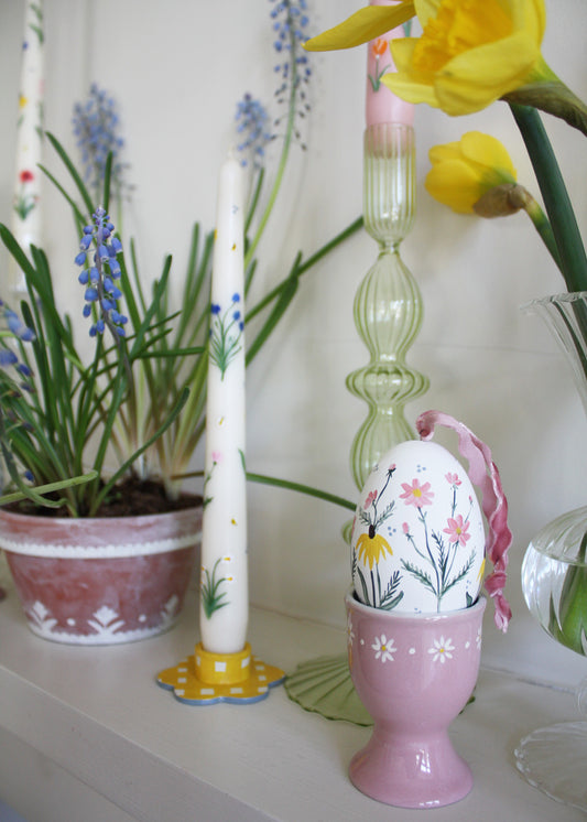 Yellow gingham & blue flower candle holder