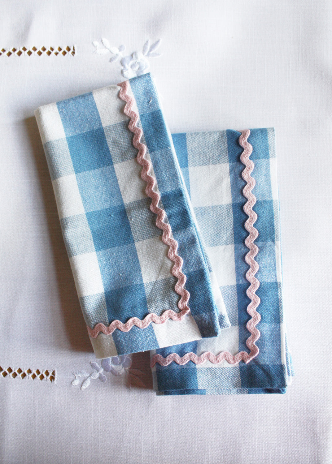Blue gingham & pink ric-rac napkin set of 2