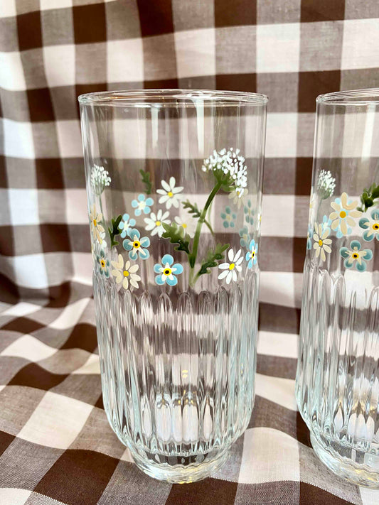 Forget me not & cow parsley ribbed highball glasses set of 2