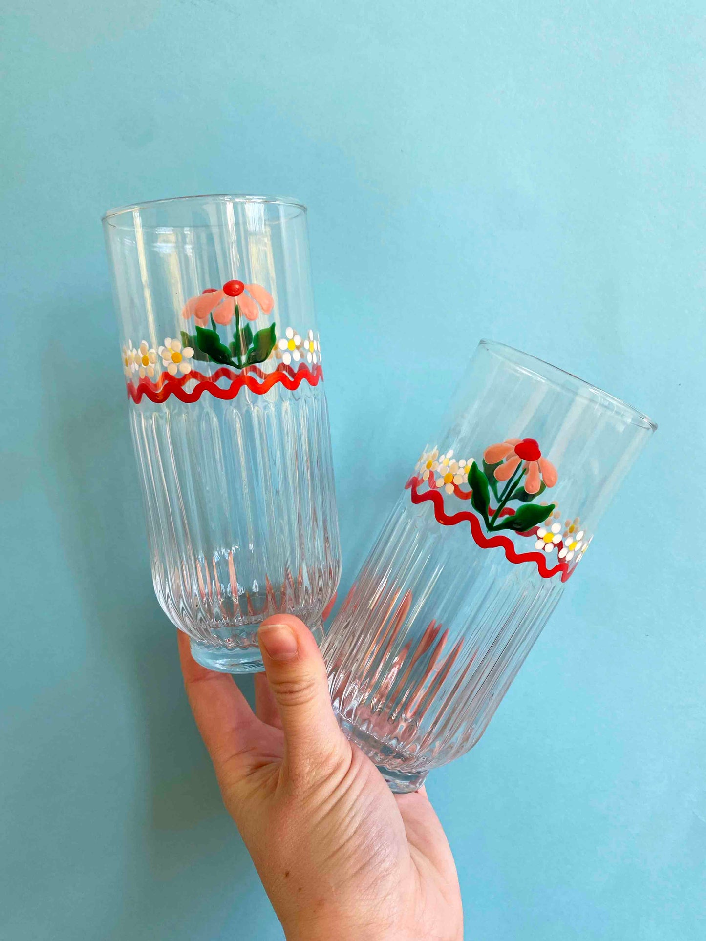 Pink & red ribbed highball glasses set of 2