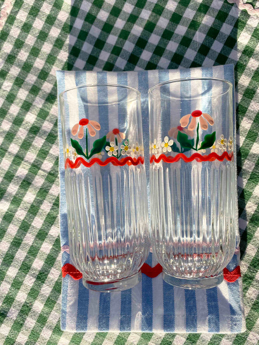 Pink & red ribbed highball glasses set of 2