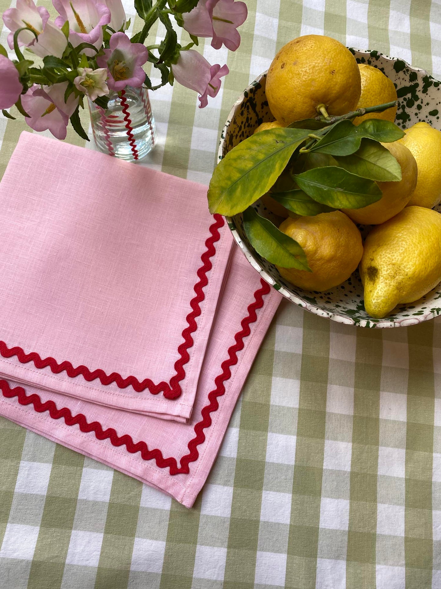 Linen pink & red ric-rac napkin set of 2