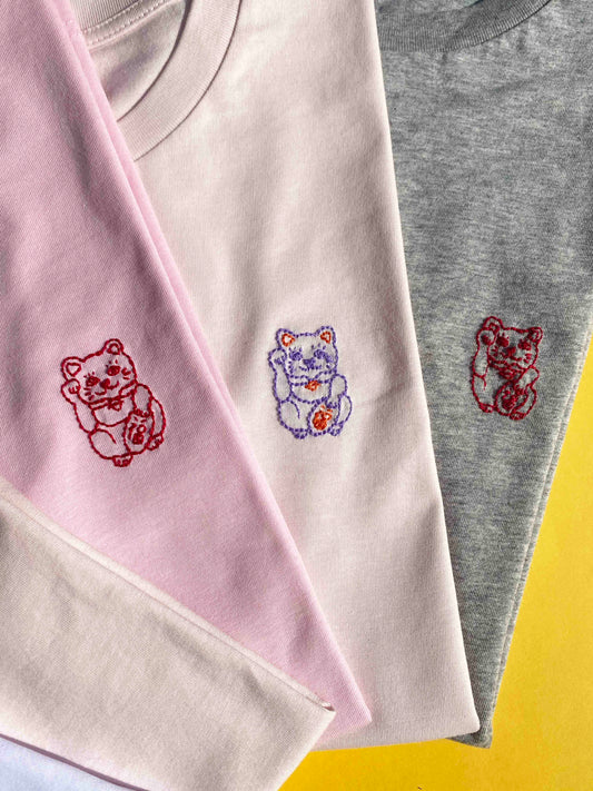 T-shirt rose pâle Lucky cat en coton bio rose