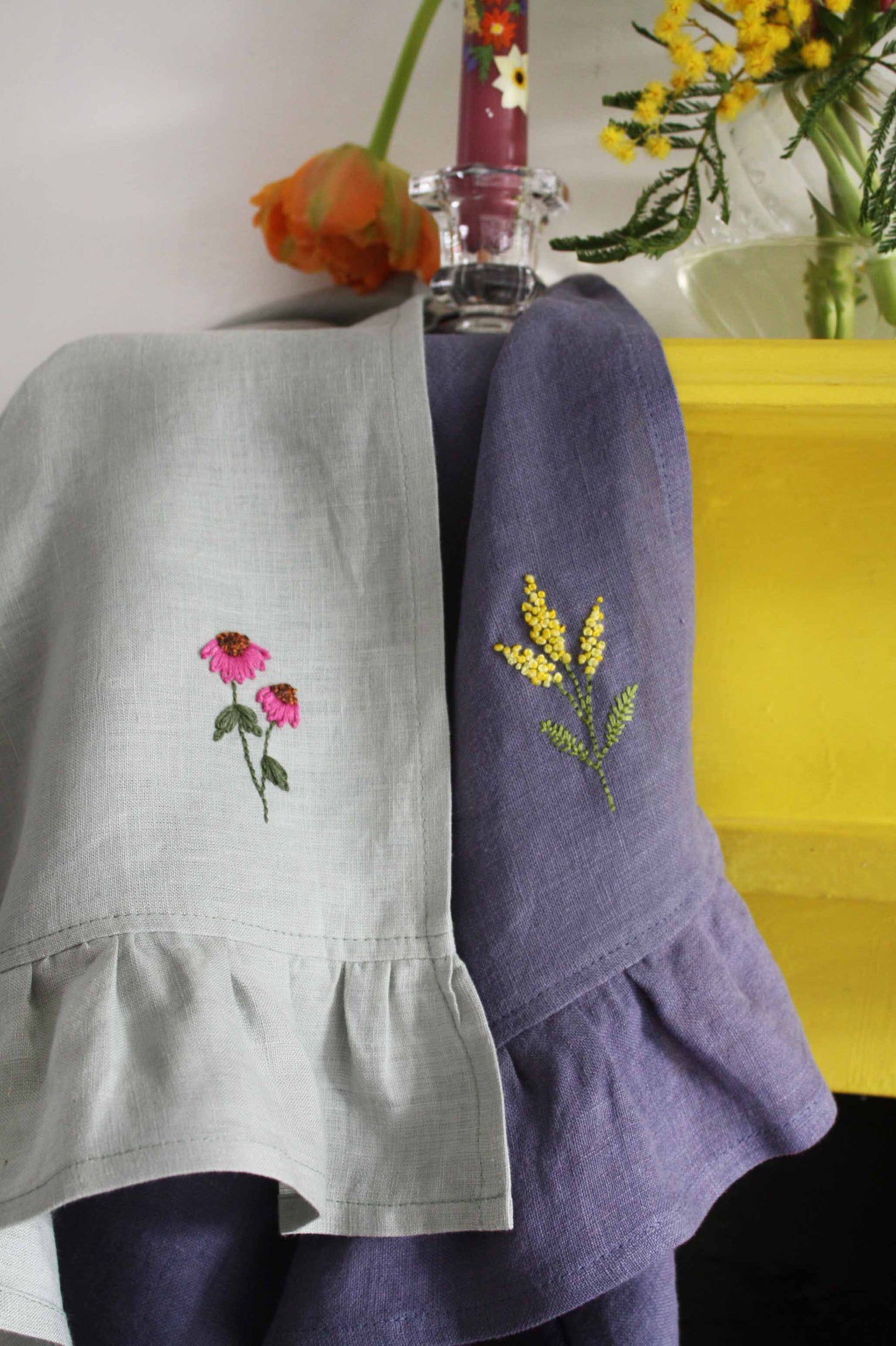 Mimosa linen ruffle tea towel