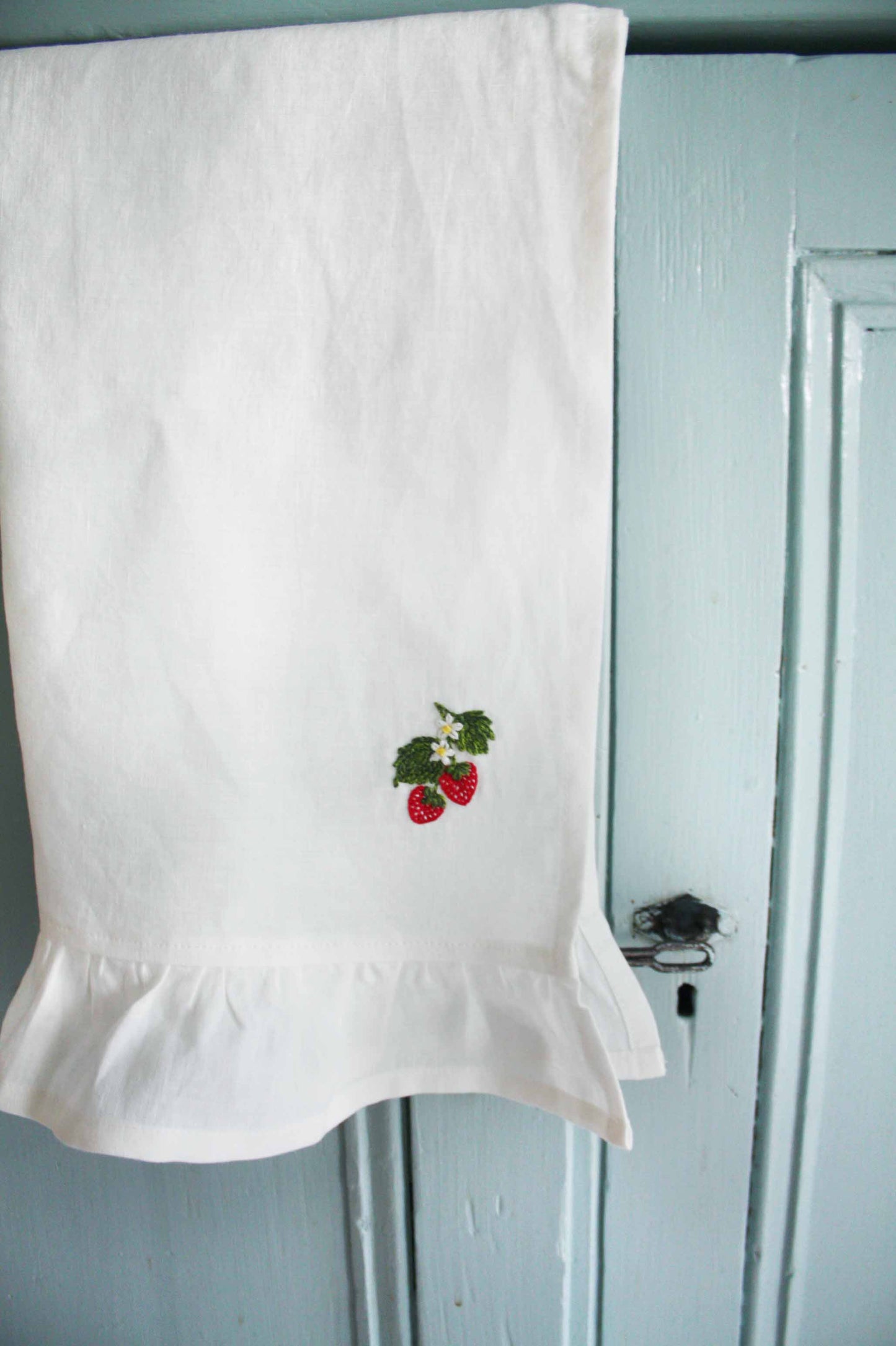 Luxury strawberry linen ruffle tea towel