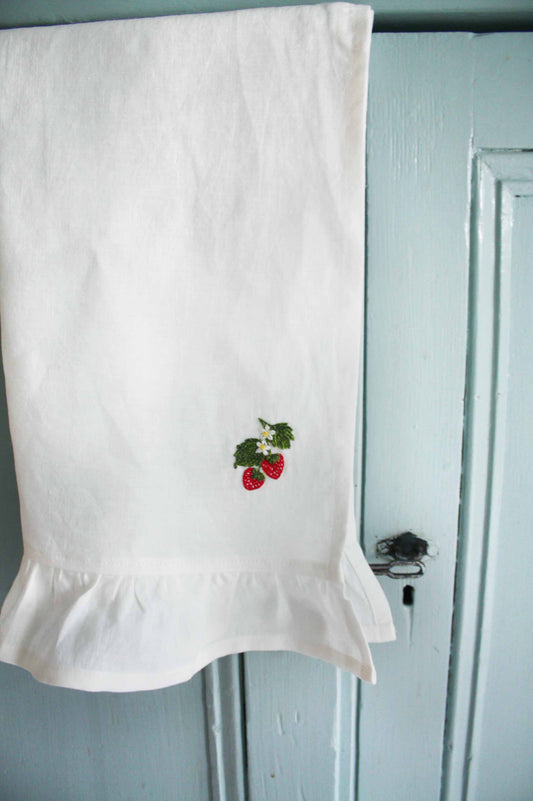 Luxury strawberry linen ruffle tea towel