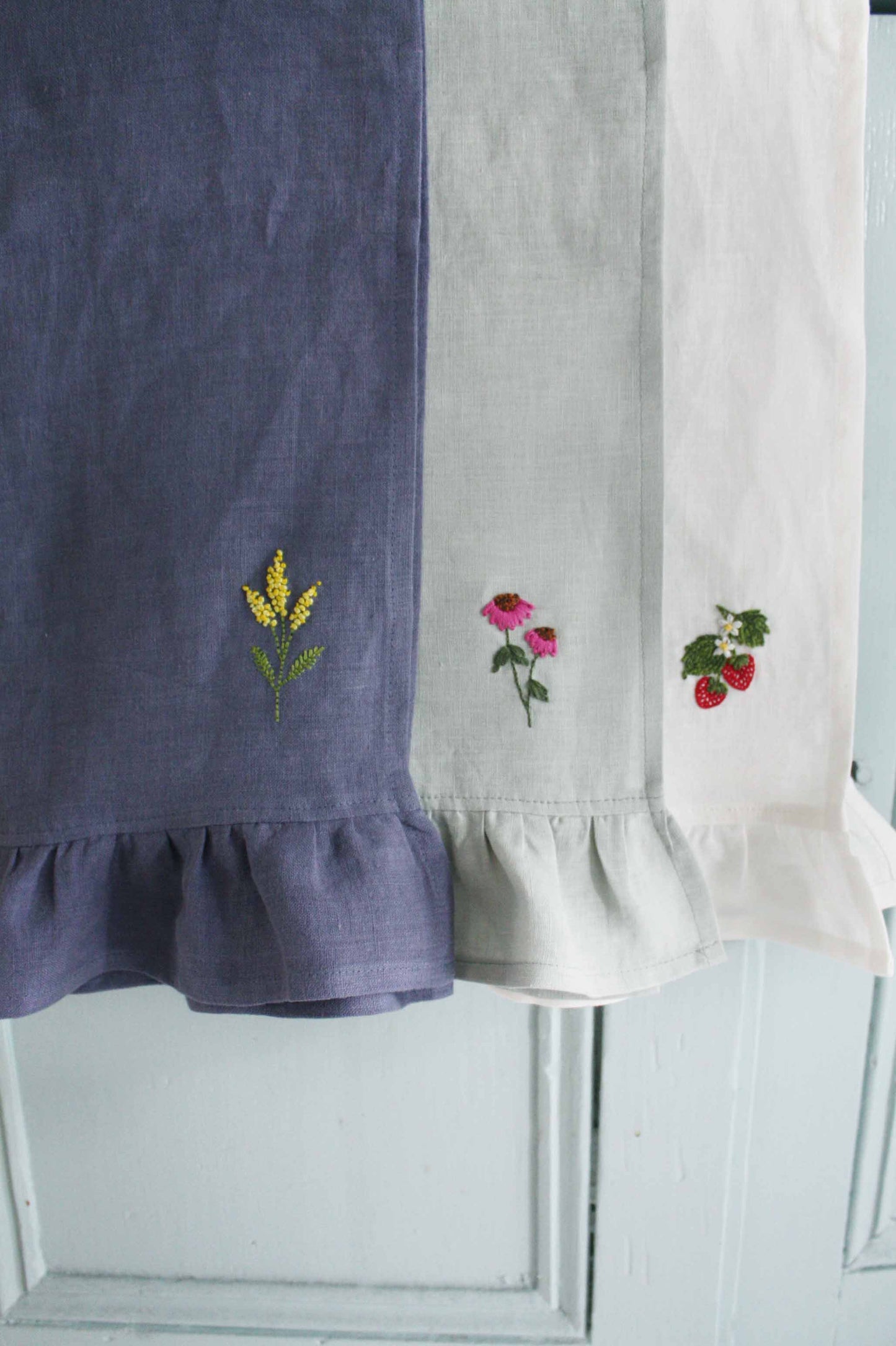 Echinacea linen ruffle tea towel