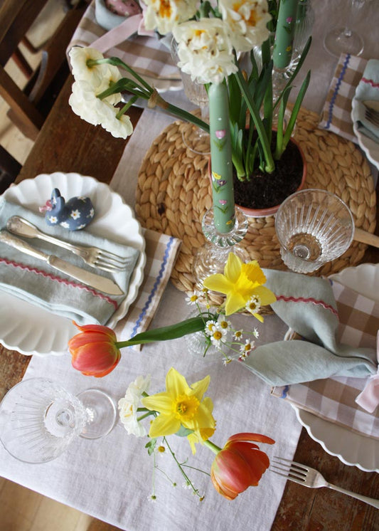 Natural grey linen & blush ric-rac ruffle table runner
