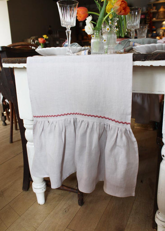 Natural grey linen & blush ric-rac ruffle table runner